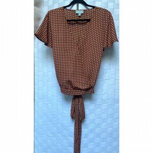 Veronica M Polka Dot Brown White Cross Tie Wrap Blouse Top Size L